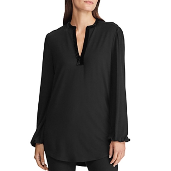 Lauren Ralph Lauren Women's Black Velvet-Trim Tunic Blouse Size Medium, NWT - Picture 1 of 15
